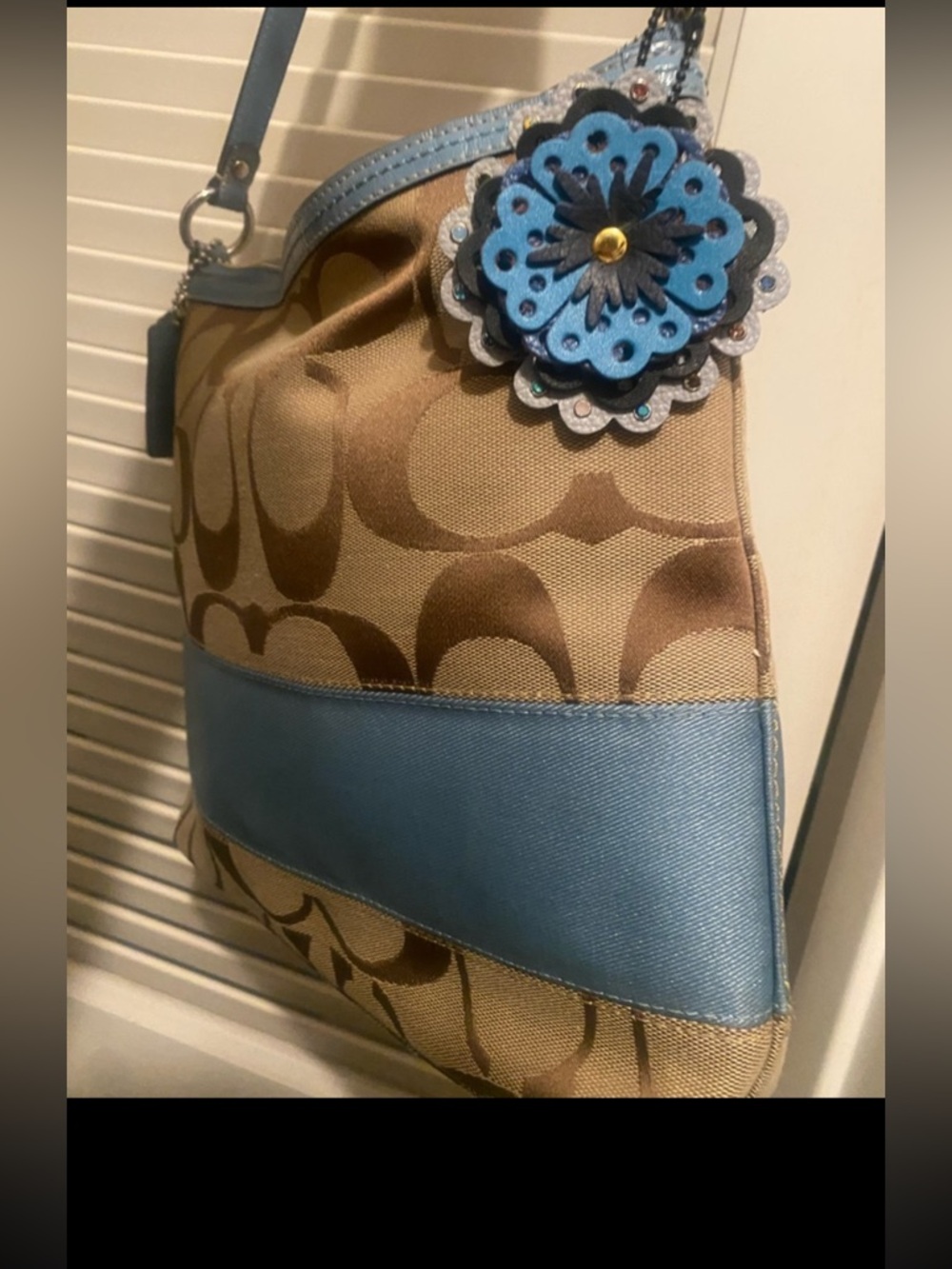 Coach Blue and Tan Signature Shoulder Bag